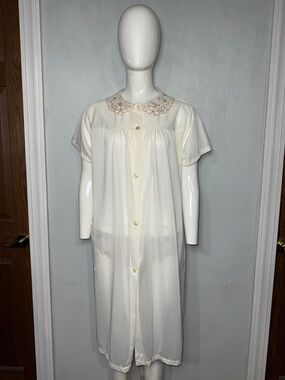 Vintage Philmaid Cream Button-Front Semi Sheer Nightgown Embroidered Collar M